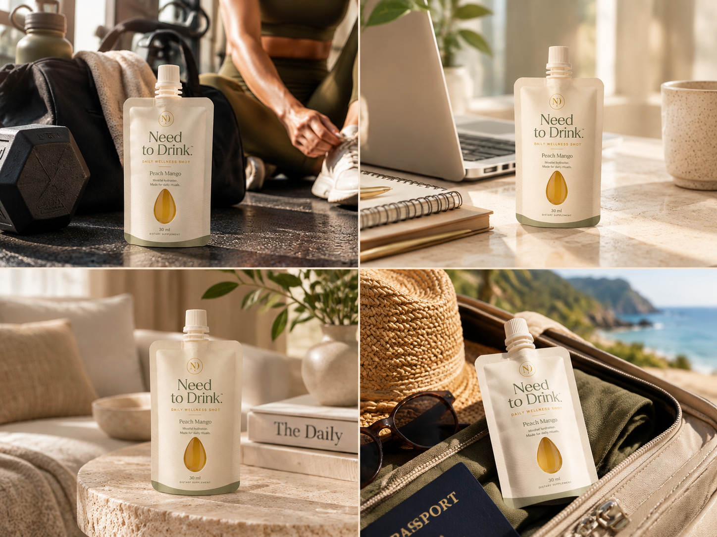 Need to Drink Peach Mango pouches shown across gym, work desk, home morning, and travel settings